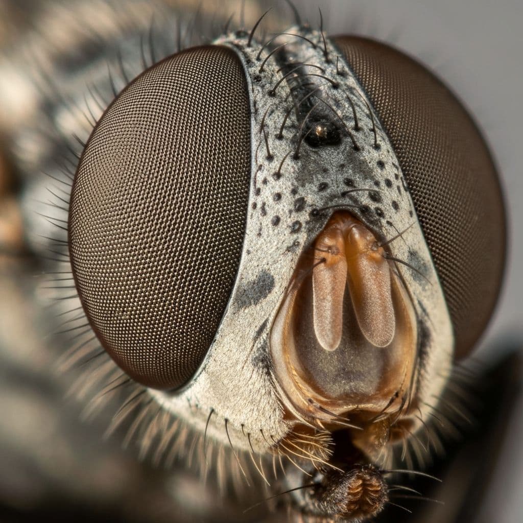 Macro close-up of a fly's compound eyes showing hexagonal ommatidia structure